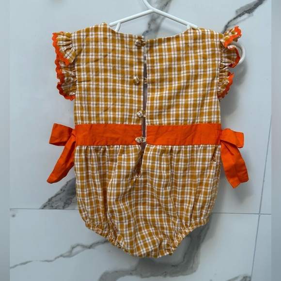LIL CACTUS Plaid Pumpkin Kids Onesie with Orange Bows - Picture 6 of 6